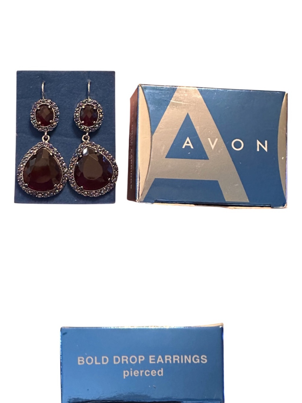 Vintage Avon Burgundy Garnet Rhinestone Drop Earrings Pierced Original Box